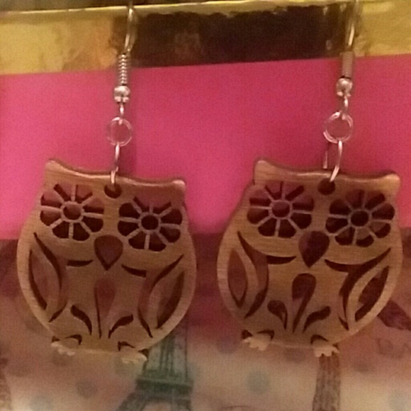 made by me Jewelry - Wood Owl Earrings w/Silver Tone Hooks